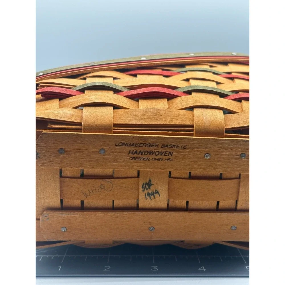 Longaberger 1999 Small Slanted Basket with Holly Liner and Plastic Protector
